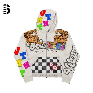 Sweat-shirts à capuche personnalisés en molleton épais, lourds, surdimensionnés, avec fermeture éclair, strass et logo délavé à l'acide, service OEM, écologiques et respirants - Product Image 2