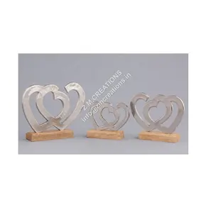 Heart Sculpture Figure Mango Wood Base Set Of 3 Hot Selling Christmas And Home Decoration Items Silver Color Aluminum Metal