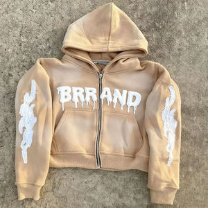 Sudadera con capucha y cremallera Glory para hombre, estilo urbano, de peso pesado, con lavado ácido, efecto vintage desgastado, corte recortado y bordado de pedrería. - Product Image 2