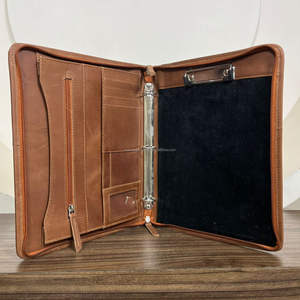 Exclusive Genuine <b>Tooled</b> <b>Leather</b> Zipper Folder Cowhide Portfolio Time Table Notebook Multi feature A4 Size Paper With Card Slot - Product Image 6