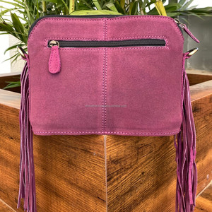 Bolso bandolera de cuero de ante para mujer con flecos y acentos de puntada Buck, bolsos de hombro de cuero genuino de alta calidad - Product Image 5