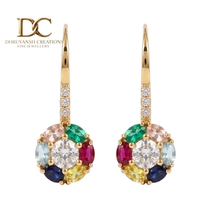 14KT Solid Yellow Gold Hoop Drop <b>Earring</b> with Lab Grown Diamond and Multi Gemstone IGI Certified Vintage <b>Fine</b> Jewelry for Women - Product Image 1