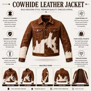 Veste en cuir véritable pour homme, motif vachette, col rabattu, fermeture boutonnée, coupe classique, automne, décontractée - Product Image 6