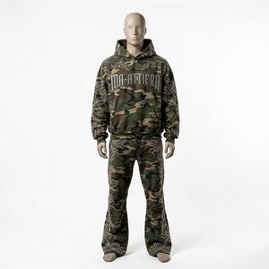 Mens <b>Camouflage</b> <b>Tracksuit</b> Hoodie Pants Custom Rhinestone Leaf Embroidery Streetwear Sportswear Matching Set - Product Image 1