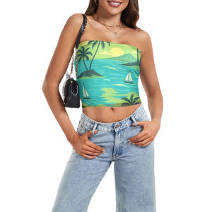 Top de tubo sin tirantes con estampado de playa tropical para mujer, top bandeau con estampado de atardecer, ropa a precio económico con personalización. - Product Image 5