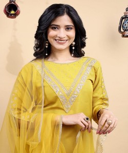 Ensemble haut et bas en coton brodé fantaisie avec dupatta, tenue de fête, prix de gros, vêtement ethnique jaune - Product Image 2