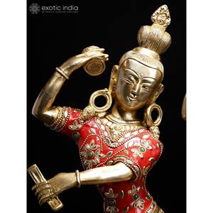 Esculturas intrincadas de latón de 16 pulgadas de Shiva-Postura de baile de Parvati con exquisito trabajo de incrustaciones hecho en La India - Product Image 2