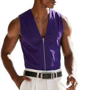 Men's Streetwear Fashion Full Zip Tank Top Sleeveless V Neck Stylish Casual Wear Wholesale Custom <b>Logo</b> Design Tank Tops For Men - Product Image 6