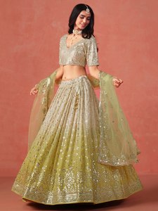 Elegant Beaded Organza <b>Lehenga</b> Set with Strapless Neckline Backless Blouse A-Line Silhouette Floor-Length Skirt for Bridesmaid - Product Image 4