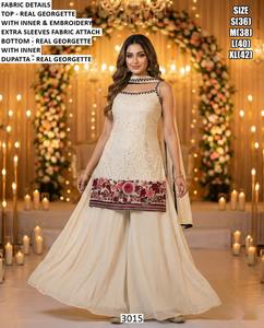 Traje Tradicional Ruhani Sharara para Mujer, Vestido Festivo para Bodas, Diwali, con Bordado Bandhani, de Gerogette, Largo hasta el Suelo, de Secado Rápido - Product Image 1