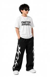 ONETEN APPAREL Kids White Crewneck T-<b>Shirt</b> Black <b>Flame</b> Joggers Streetwear Set Loose Fit Summer Cotton Outfit Boys Children - Product Image 1
