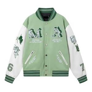 เสื้อแจ็คเก็ตวาร์ซิตี้สีเขียวขาวสำหรับผู้ชาย ลายปักรูปนางฟ้า สไตล์เพรปปี้ สำหรับใส่ในฤดูใบไม้ร่วง ปกคอพับ ปิดด้วยซิป - Product Image 1