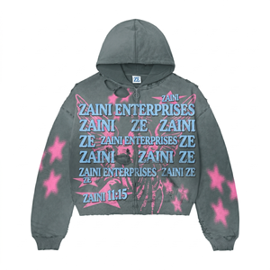 เสื้อฮู้ดซิปเต็มตัวผู้ชาย ผ้าฝ้าย 100% 420 GSM สีเทาฟอกกรด พิมพ์ลาย DTG แบบทำเก่า พิมพ์ลายสกรีน ปักลาย - Product Image 5
