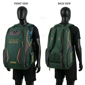 Sac à dos de sport pour homme en tissu polyester épais GSM, vert foncé avec empiècements contrastants noirs, logo personnalisé par transfert thermique, équipement de voyage - Product Image 1
