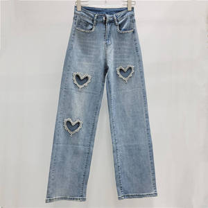 Skinny Fit High Waist Plus Size Women's Jeans New Arrivals Breathable Casual Love Heart Rhinestones Cargo Denim Loose High Waist - Product Image 1