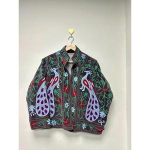 Chaqueta de terciopelo marrón de lujo con bordado de pavo real azul cielo, estilo bohemio, para mujer, manga larga, ropa de abrigo de verano. - Product Image 1