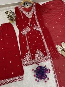 Conjunto de Salwar Kameez de Diseño con Bordado de Lentejuelas, Tela Georgette Fox Pesada, Top Reversible para Fiesta, Pantalón Plazzo Dupatta, Algodón Casual - Product Image 4