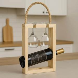 Modern Wooden Handcrafted Wall Mounted Foldable 2 Bottle Rectangle Wine <b>Rack</b> Holder Stand for Kitchen <b>Bar</b> Display - Product Image 3