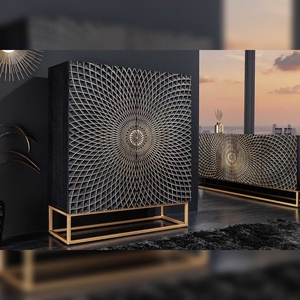 Meuble haut de gamme Vandana Nordic Nature ILLUSION 120cm en bois de manguier massif noir avec sculptures 3D et structure en métal doré. - Product Image 1