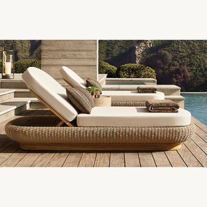 Chaise longue d'extérieur en teck tropical et en osier avec rangement, dossier réglable, style moderne pour piscine et resort - Product Image 6