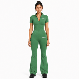 OEM Ladies <b>Green</b> Yoga Outfit Quarter Zip Stand Collar Top High Waist Bell Bottom Pant Custom Winter <b>Gym</b> Activewear Private Label - Product Image 1