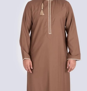 Qamis beige pour homme à manches longues, col montant, en coton, longueur ras du sol, tenue de prière modeste, style Moyen-Orient, toutes saisons - Product Image 5