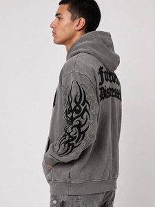 Sudadera con Capucha Casual para Hombre, Corte Regular, Color Gris, Diseño Bordado de Llama de Lealtad, Felpa Francesa de Algodón, Estilo Hip Hop, Bolsillo Frontal - Product Image 3