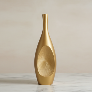 Impresionante Florero de Metal Dorado con un Centro Ovalado con Textura de Rayos de Sol y una Forma Moderna y Elegante para una Decoración del Hogar Sofisticada - Product Image 3