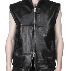 <b>Men's</b> <b>Black</b> Genuine Leather <b>Vest</b> Sleeveless Moto Waistcoat Zip Up Stand Collar Biker Jacket - Product Image 1