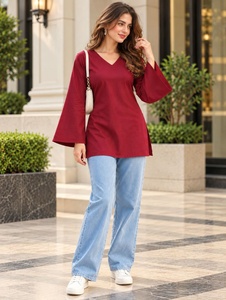Wholesale Women’s Solid V-Neck Bell Sleeve Tunic Top – Casual Long Sleeve <b>Blouse</b> V-Neck Daily Wear Women's Long Sleeve Tunic <b>Red</b> - Product Image 1