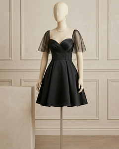Robe de soirée noire en satin pour femme, col cœur, corset, manches en résille, coupe trapèze courte, pour bal de promo et soirées - Product Image 2
