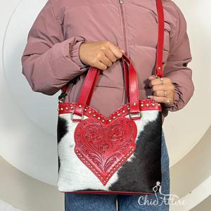 Bolsos cruzados de cuero vacuno repujado a mano de primera calidad, bolsos tote de gran capacidad de cuero genuino con forma de corazón rojo. - Product Image 1