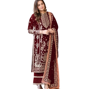 Women's Maroon Silk Salwar Kameez With <b>Gold</b> Embroidery Floor-Length Traditional Wedding Dress Ready-Made Party Wear - Product Image 1