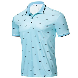 Men's Light <b>Blue</b> Short Sleeve <b>Polo</b> <b>Shirt</b> With Black Print Pattern Casual Breathable Knitted Fabric Regular Fit - Product Image 3