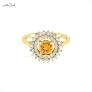Hallmarked 14k Solid <b>Gold</b> Natural 6mm Round Cut Citrine & Diamond Double Halo <b>Ring</b> Wholesale Wedding Jewelry Supplier from India - Product Image 1