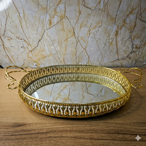 Luxury Modern Gold <b>Mirror</b> <b>Vanity</b> Tray | Decorative Oval Metal Serving Platter Twisted Handles for Wedding Ramadan Birthday - Product Image 1