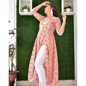 Conjunto de Kurta de Algodón Transpirable con Estampado Floral para Mujer en Naranja Brillante, Talla XS - Product Image 2