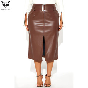 Faldas y Pantalones de Cuero Marrón Premium con Cinturón, Falda Lápiz con Cierre Frontal y Abertura Lateral, Faldas de Moda Urbana para Mujer - Product Image 3