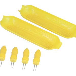 Piatti in plastica gialla da 8,5 pollici per mais in pannocchia con supporti, 2 piatti e 4 porta mais in pannocchia - Product Image 1