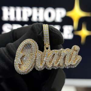 <b>Custom</b> Raised Script <b>Name</b> Pendant 925 Sterling Silver VVS Moissanite Fully Iced Pave 22K Gold Plated Hip Hop <b>Necklace</b> Unisex - Product Image 4