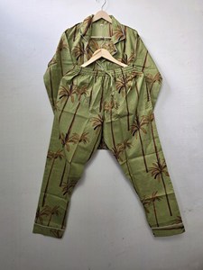 Handcrafted Elegant Luxury Tropical Palm Tree Print Cotton Pajama Set Breathable Olive Green Nightwear Spring Summer Autumn - Product Image 1