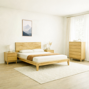 Juego de Muebles de Madera para Dormitorio con 4 Unidades, Estilo Japandi, Cama con Carpintería Japonesa, Madera de Caucho, Fabricante OEM/ODM de Vietnam - Product Image 1