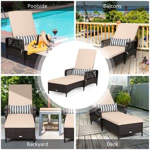 Lettino da Giardino Regolabile a 6 Posizioni in Vimini PE Marrone 200,66 x 73,66 cm con Cuscino Beige, Capacità 400 Libbre, Reclinabile da Esterno Robusto - Product Image 4