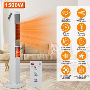 Stufa Elettrica Portatile a Torre in Ceramica da 1500W, 3 Modalità di Ventilazione, 5 Opzioni Timer, Telecomando, Fiamma 3D - Product Image 3
