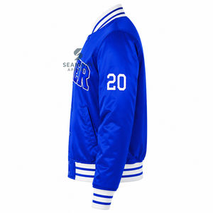 เสื้อแจ็คเก็ตวาร์ซิตี้สีน้ำเงินผ้าซาตินสำหรับผู้หญิง Zeta Phi Beta ติดกระดุมแบบ Snap ปักลายตัวอักษรกรีก คอเสื้อและปลายแขนเสื้อถักลายทาง สไตล์ชุดนักศึกษา - Product Image 3
