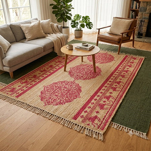 Alfombra de Yute Natural con Estampado Floral Rosa, Alfombra Decorativa Hecha a Mano para Hogar Moderno - Product Image 3