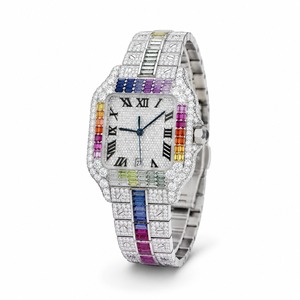 Reloj de lujo unisex rectangular con diamantes y pulsera de piedras preciosas de colores, movimiento de cuarzo analógico, esfera con números romanos, cristal de zafiro, 44 mm - Product Image 3