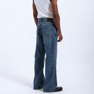 Pantalones vaqueros acampanados de cintura alta para hombre, de mezclilla lavada a la piedra, con cierre de botones, casuales, azules, de algodón, de peso medio, de lona tejida, antiencogimiento - Product Image 3