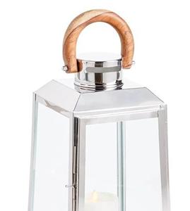 Lanterne d'extérieur moderne en métal et verre, finition nickel brillant, avec poignée en bois, best-seller pour la décoration intérieure. - Product Image 2