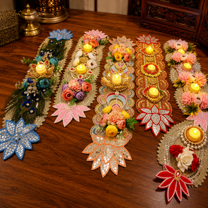 Juego de mantel de lujo para velas de Diwali con cuentas florales de loto y espejo para decoración de bodas, hogar y festivales. - Product Image 2